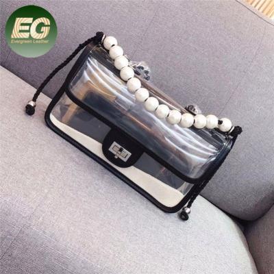 China Fashion Transparent 2pcs In A Set Bag Women Shoulder Genuine Leather Handbag With Pearl EMG5767 for sale