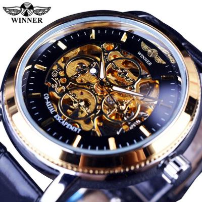 China Automatic Date Winner Brand Watches Luxury Designer Transparent Case Golden Skeleton Mens Mechanical Watch Mens Wrist Watches for sale