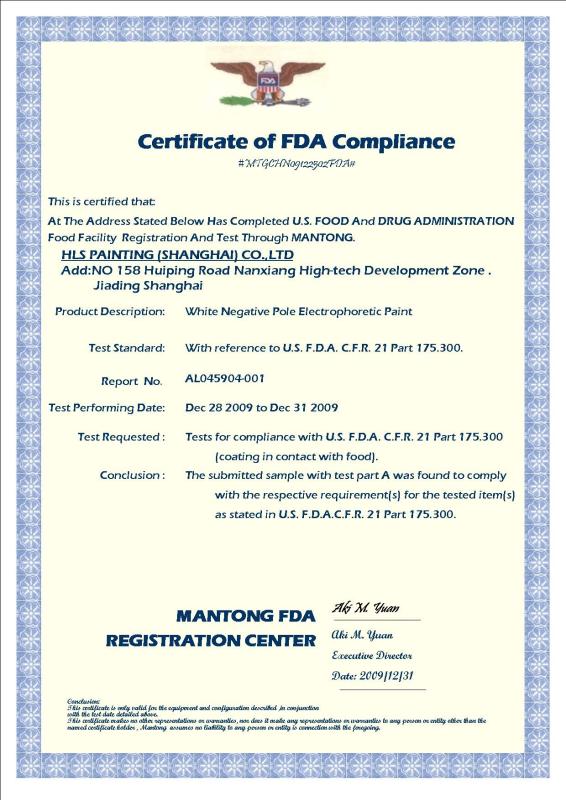 Certificate of FDA Compliance - HLS Coatings （Shanghai）Co.Ltd