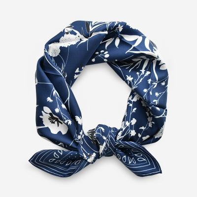 China Chinese classic soft deep blue natural women's headband silk scarf printing real flower 100% silk scarves for sale