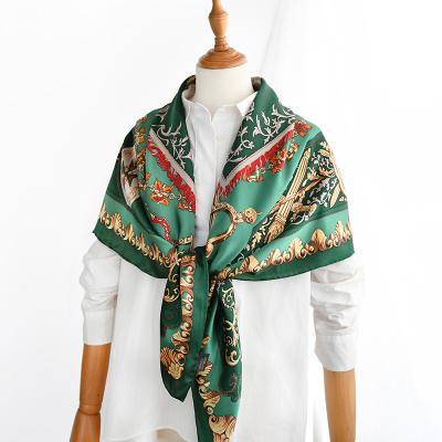 China 100% Real Soft And Smooth Green Natural Silk Bandana Square Scarves 110cm Autumn Spring Knight Printed Silk Women Scarf Large Wholesale for sale