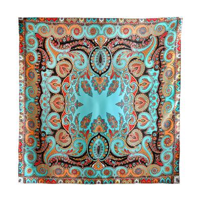 China Blue soft and smooth natural satin peacock large square scarf 110cm silk bandana printed 100% pure silk scarves women for sale