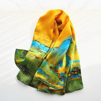 China Soft Yellow Natural Silk Satin Scarves Chinese Classic Bandana 90X90 Square Silk Scarf In Stock for sale