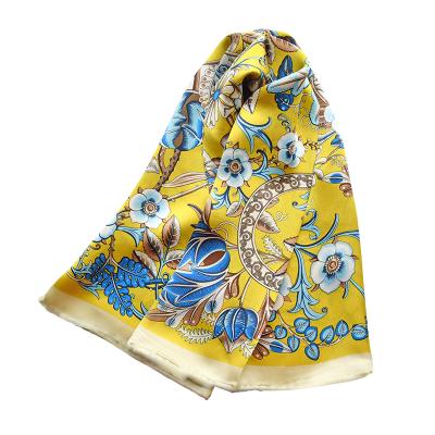 China Soft Yellow Natural Silk Satin Scarves Square Bandana With Flower 90X90 Silk Scarf Wholesale for sale