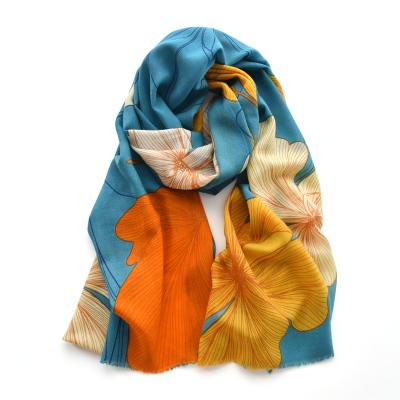 China 100% sheep wool wool scarves women printed flowers winter scarf shawl thin ladies long wholesale for sale