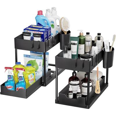 China Kitchen Under Sink Organizer Sliding Cabinet Basket Organizer 2 Tier Under Bathroom Storage Rack With Hooks for sale