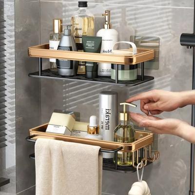 China Sustainable Bathroom Double Shelves Kitchen Wall Mounted Self Adhesive Corner Racks Shower Caddy Corner Storage Shelf for sale