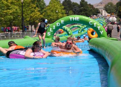 China Super Long Outdoor Green Inflatable Slide The City For Blow Up Water Park for sale