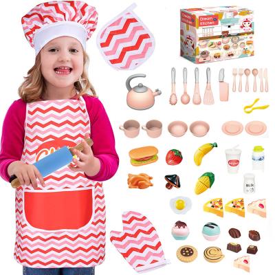 China Plastic Kitchen Pretend Toys Kids Cooking And Baking Kitchenware Set With Apron And Chef Hat Cupcake Molds Cutting Vegetables Toys for sale