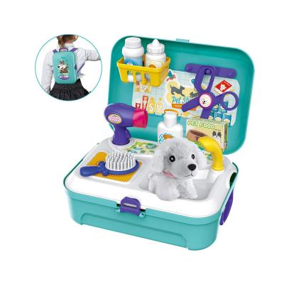 China Pretend Doctor Play Toys Pet Care Play Set Doctor Kit For Kids 16 Pcs Doctor Pretend Play Vet Dog Grooming Toys Carrier Dog Backpack Feeding Gifts for sale