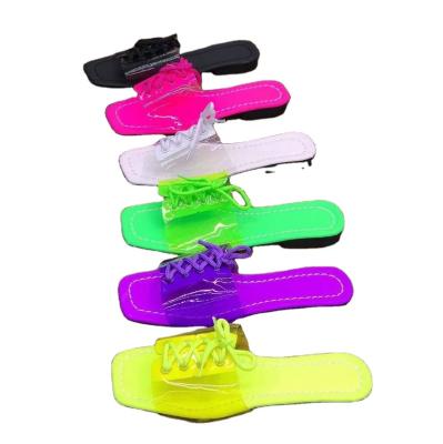 China 2022 Fashion Trend Summer New Lady Transparent Candy PVC Lace Up Toe Slides Flat Women Sandals Beach Slippers Women's Square for sale