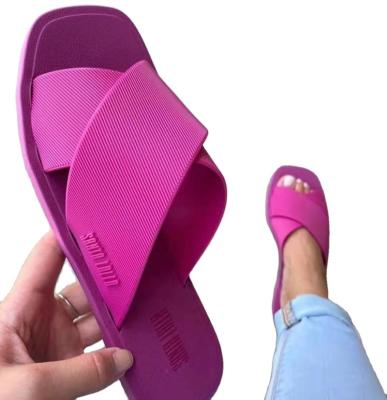 China 2022 Fashion New Style Flat Bottom EVA Square Cross Candy Color Slippers Women Plus Size Soft Beach Slide Slippers for sale