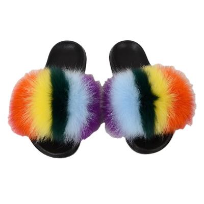 China New Big Raccoon Fur Trend 2022 Fashion Women Slides Sandal Real Fox Fur Slippers Flat Outdoor Wear Ladies Fluffy Custom Wholesale Girls for sale