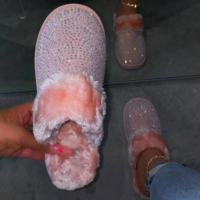 China Flat Ladies Diamond Fur Winter House Slipper Slippers New Fashion Trend Fashion Large Size Faux Stone Fur For Women for sale