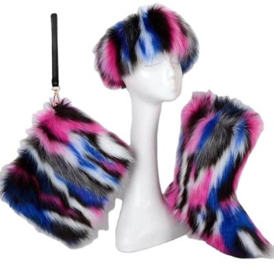 China Fashion Trend Wholesale Colorful Fake and Real Large Long Fluffy Fox Fur Snow Boots Sets Assortment with Purse Bags Headband for Ladies Women for sale