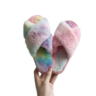 China Rainbow Winter Warm Slippers Plush Fur Hairy Ladies Slippers 2020 High Quality Wholesale Women's Lightweight Cute Slippers Women for sale