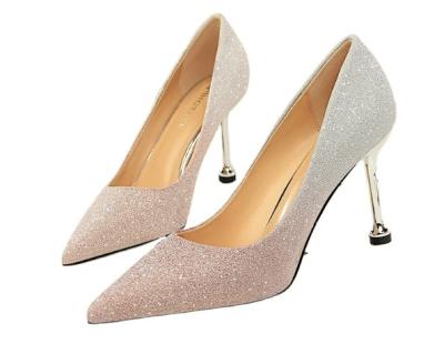 China Usb shallow mouth shiny silver gradient patching wedding high heel shoes elegant shoes feast shoes stiletto heels. for sale