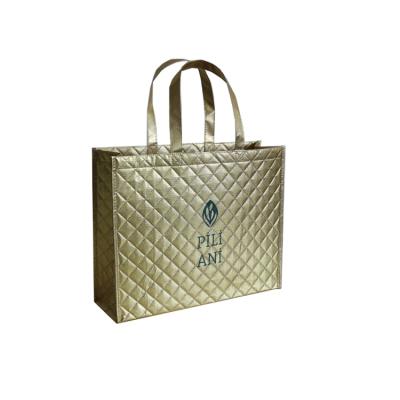 China Handled Custom Design Luxury Metallic Quilted Tote Bag Reusable Rose Gold Nonwoven Grocery Bag Made From Recyclable Fabric for sale