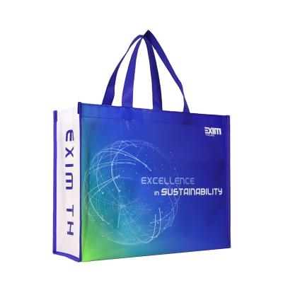 China Recyclable Custom Logo Designed Eco Tote Bag made from recycled plastic bottle with laminated rPET woven reusable shopping bag for sale