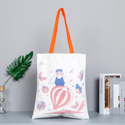 China Cute Recyclable Portable Women White And Pink Flower Printed Cotton Canvas Custom Shopping Tote Bag for sale