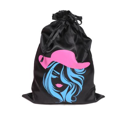 China Recyclable Satin Bags Custom Logo Satin Drawstring Bag For Packaging Hair Extensions Bundles Soft Silk Wigs Pouches With Drawstring for sale