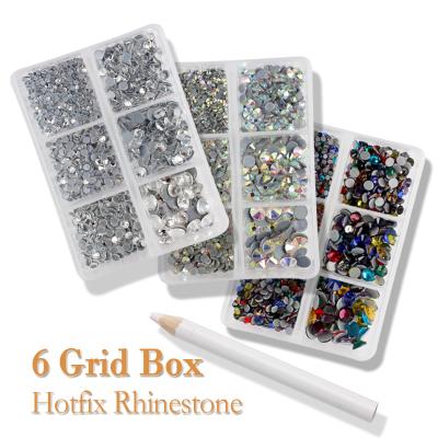 China High Quality Flatback AAAA Hotfix Rhinestone Mix Size 6 Grid Box Packing Flatback Crystal Stone For Luxury Dress Western Wedding for sale