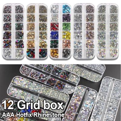 China Flatback Wholesale 12 Grid/Box Crystal Colors Mix 6 Set Sizes AAA Hot Fix Rhinestones For Luxury Dress Western Wedding for sale