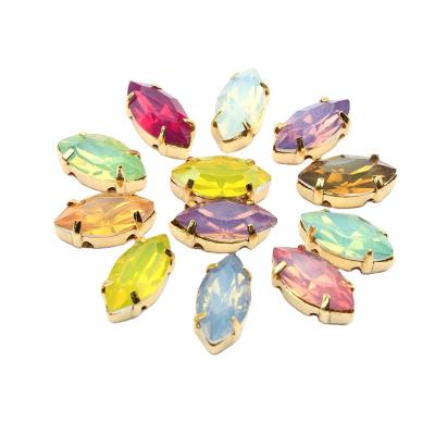 China Wholesale Flatback Sew On Rhinestone Horse Eye 5x10mm/6x12mm Opal Color Gold Claw Set DIY Resin Stones For Garment for sale