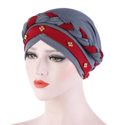 China Fashion New Design Two-tone Beads Twist Braids Hat Muslim Women Chemo Headwear Turban Caps For for sale