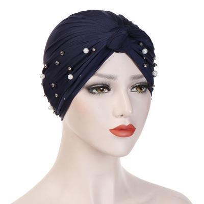 China Fashion Women Shine Turban Hat Autumn Winter Warm Pearl Beaded Twist Knot Turban Headbands Hat For Streetwear Casual Female Indian Hats for sale