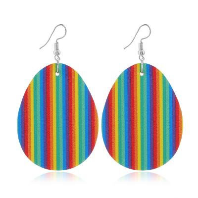 China Fashion Earrings Simple Colorful Striped PU Double-sided Printing Leather Drop Shaped Egg Shaped Leather Earrings for sale