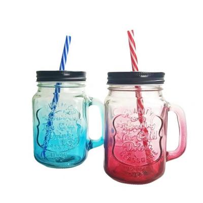 China Sustainable 450ml Clear Wide Mouth Mason Jars With Handles And Straw Lids for sale