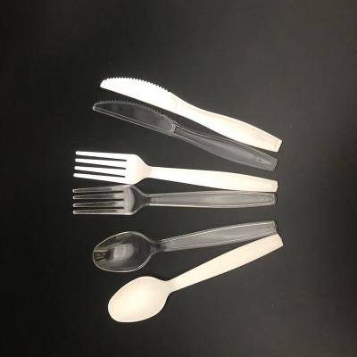 China Disposable 1 forks 2 spoons 1 knife flat plastic clear disposable set, plastic cutlery spoon printing for sale