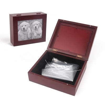 China Wooden Pet Urn Memorial Box Customized Logo Clamshell Frame Viable Urn Cat Dog Cremation Ashes Urn Box for sale