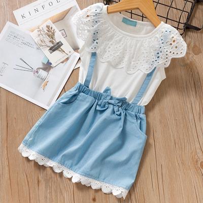 China Wholesale Anti Shrink Kids Clothing Lace Up White Blouse and Suspender Skirt Girl Casual Outfits for sale