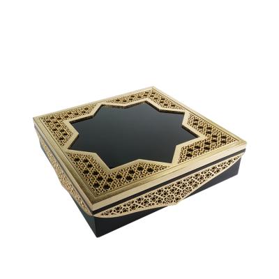 China Wholesale Sustainable High End Octagon Chocolate Wood Glossy Wooden Paint Box In Black With Cut Out Flower For Candy Date Gift Box for sale