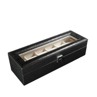 China Sawtru Factory 6 Slot Recyclable Handmade Wooden MDF Luxury Black Leather Wooden Watch Box With Window for sale