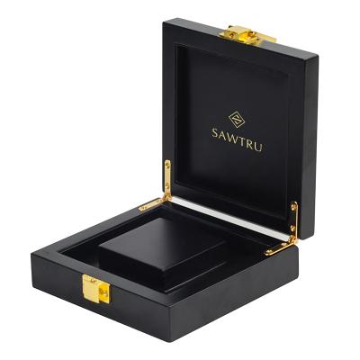 China Sawtru Logo Gift Display OEM Storage Watch Box Recyclable Custom Packaging Luxury Black Wooden Cases for sale