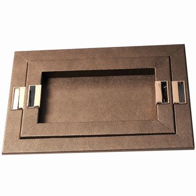 China Eco-friendly Brown Color Faux Leather Wooden Food Tray Metal Handle Tray For Serving for sale