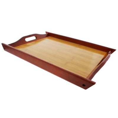 China Eco-friendly luxury natural/stocked rectangle wood and bamboo tea/fruit food serving trays with handles for hotel/restaurant/home/kitchen wholesale for sale