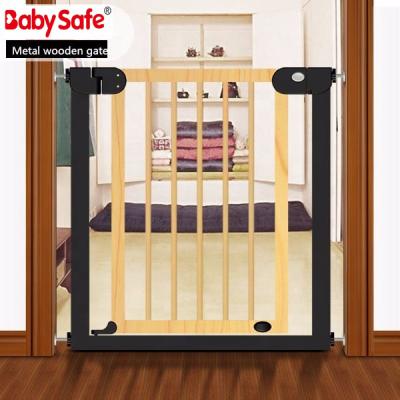 China Custom Made ABS+Wood+Metal Stairs Baby Gate Metal Gate Automatic Narrow Baby Fence Wooden Safety Gate for sale