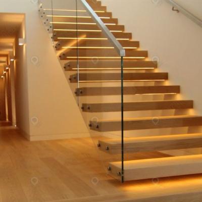 China Modern Luxury Modern Staircase Glass Railing Led Floating Straight Stairs Light Wood Treads Interior Staircase for sale