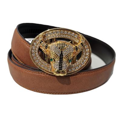 China Oversized Genuine Rochet Diamond Automatic Men Belt Wholesale Cowhide Animal Buckle Leather Belt for sale