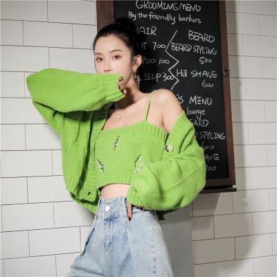 China Breathable Fashion Sexy Sweater 2 Piece Set Women Knitted Flower Embroidery Cardigan Ladies Fashion Tops for sale