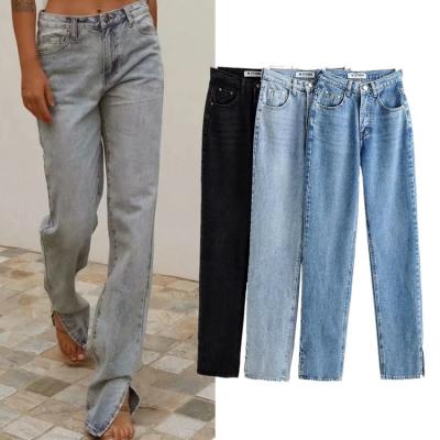 China 2022 Breathable Autumn And Winter High Waist Split Straight Leg Jeans All-match Wide-leg Ladies Jeans Pants for sale