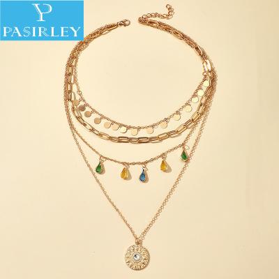 China Customize the length according to the customer's hand circumference PASIRLEY Popular Collar Multicapas Geometric Disc Fringe Necklace 4 Layers Rhinestone Tassel Multi Layered Necklace for sale