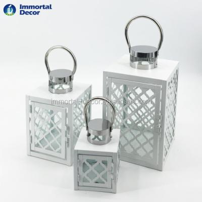 China Home Decoration White Metal Lantern With Stainless Steel Top for sale