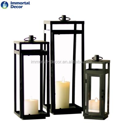 China Home Decoration Iron Candle Black Lantern Glass Insert Four Side for sale