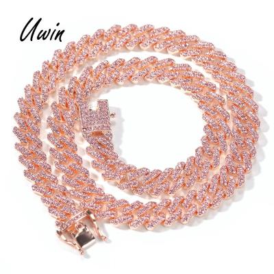 China Hiphop 12mm Pink Cuban Chain Iced Out Rose Gold Plating Miami Cuban Link Chain Necklace Zinc Alloy Rhinestone Wholesale Jewelry for sale