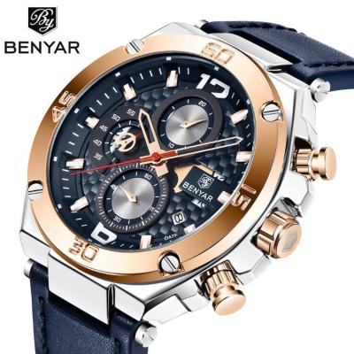 China Auto Date Benyar 2020 5151 Multifunctional 3ATM Water Resistant Chronograph Black Leather Strap Quartz Wristwatches For Men for sale